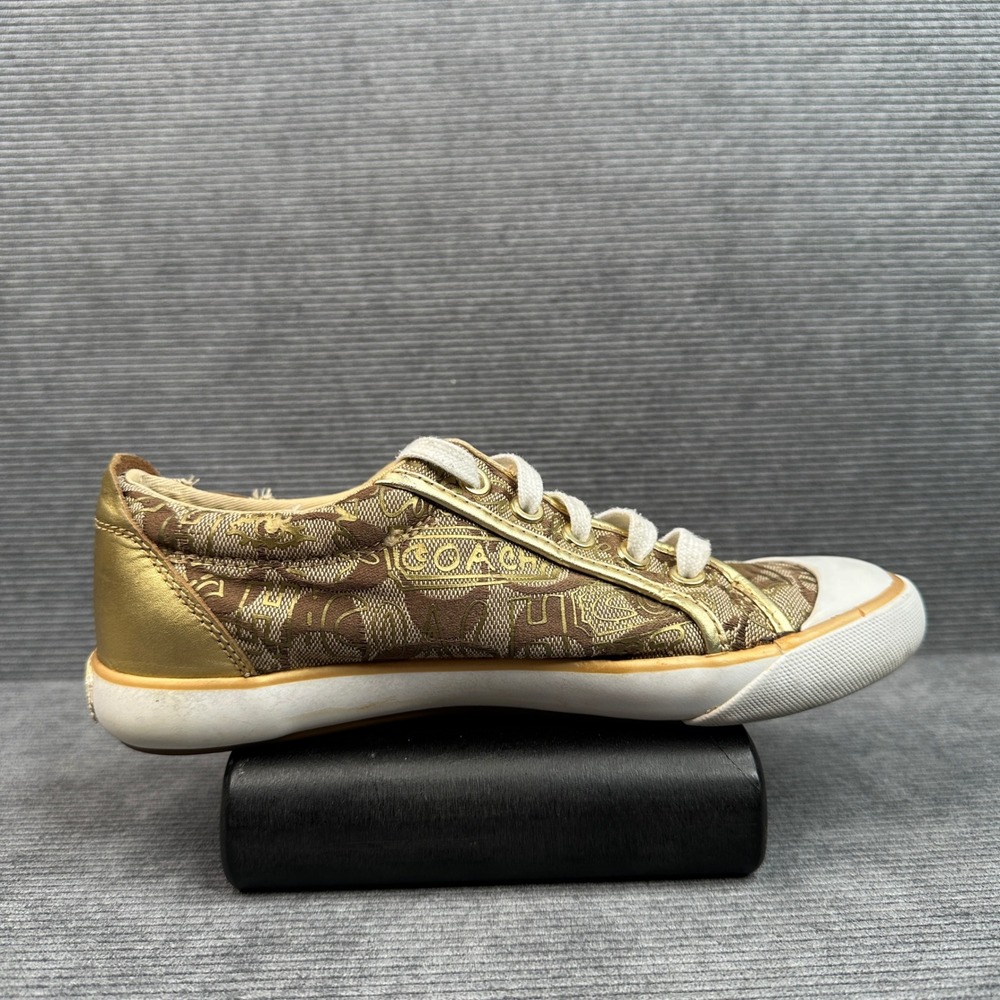 Coach Signature Monogram Low Top Sneakers Brown Gold Metallic Leather Trim
